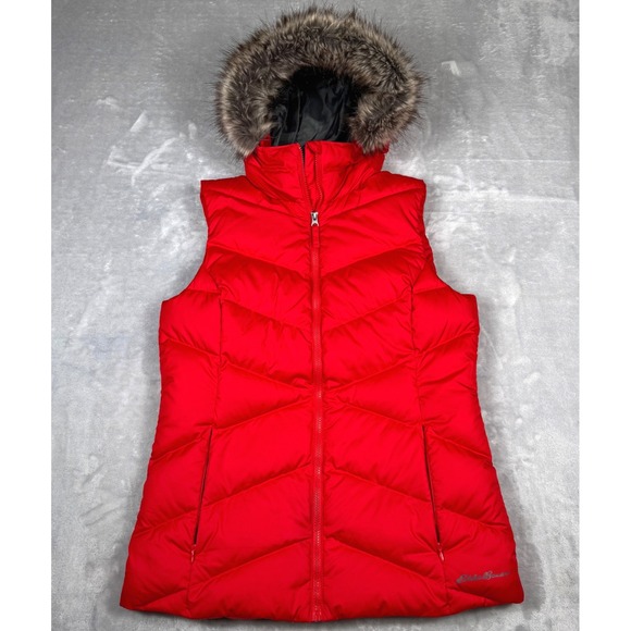 Eddie Bauer Jackets & Blazers - Eddie Bauer Down Puffer Vest Womens M Red Faux Fur‎ Hood Zip Quilted